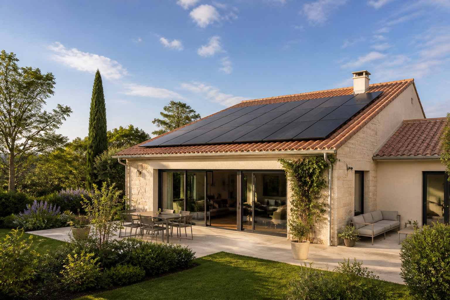 Maison française équipée de panneaux photovoltaïques